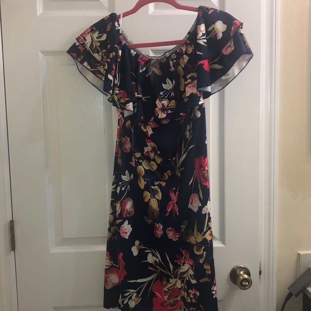 Off the shoulder navy blue floral dress